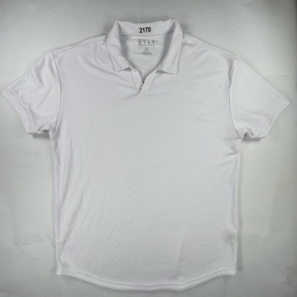 BYLT Ribbed Open V Polo Mens XL White Modal Stretch Drop Cut Shirt